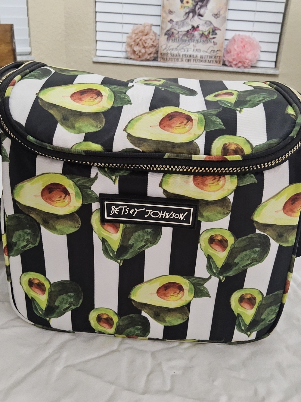 Betsey Johnson Black & White Stripe Avocado Print Insulated Lunch Tote